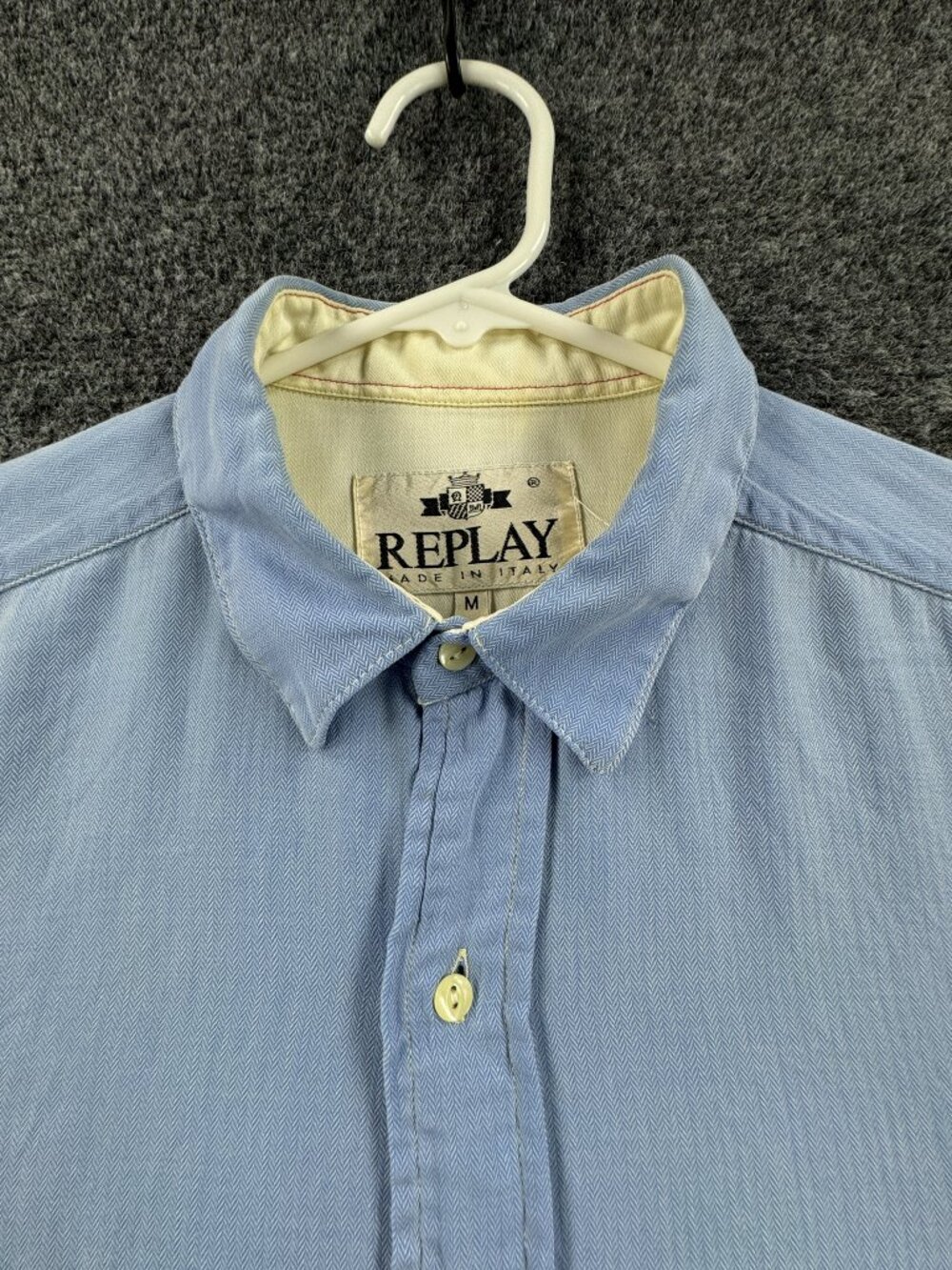 Replay Italy Medium Blue Logo Herringbone Men Pocket Button Up Shirt Long Sleeve